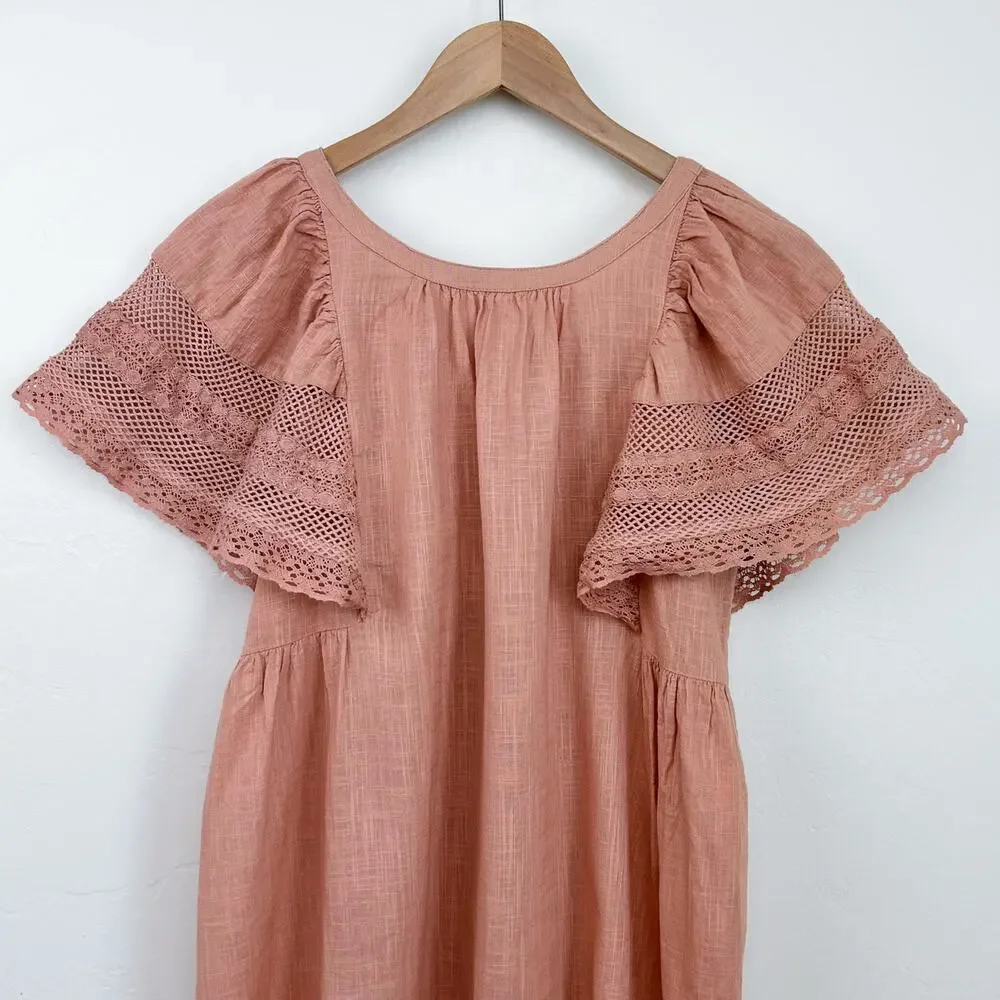 Old Navy Girl's Peach Lace 100% Cotton Natural Fiber Flutter Sleeve Dress NWT